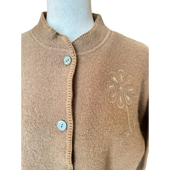 Womens Jacket Cardigan Size Large Brown Wool Chunky Button Floral Embroidery - Picture 2 of 10